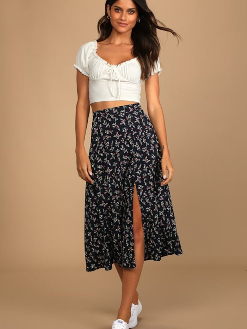 Lulus Bliss Me Navy Blue Floral Print Midi Skirt - Size M